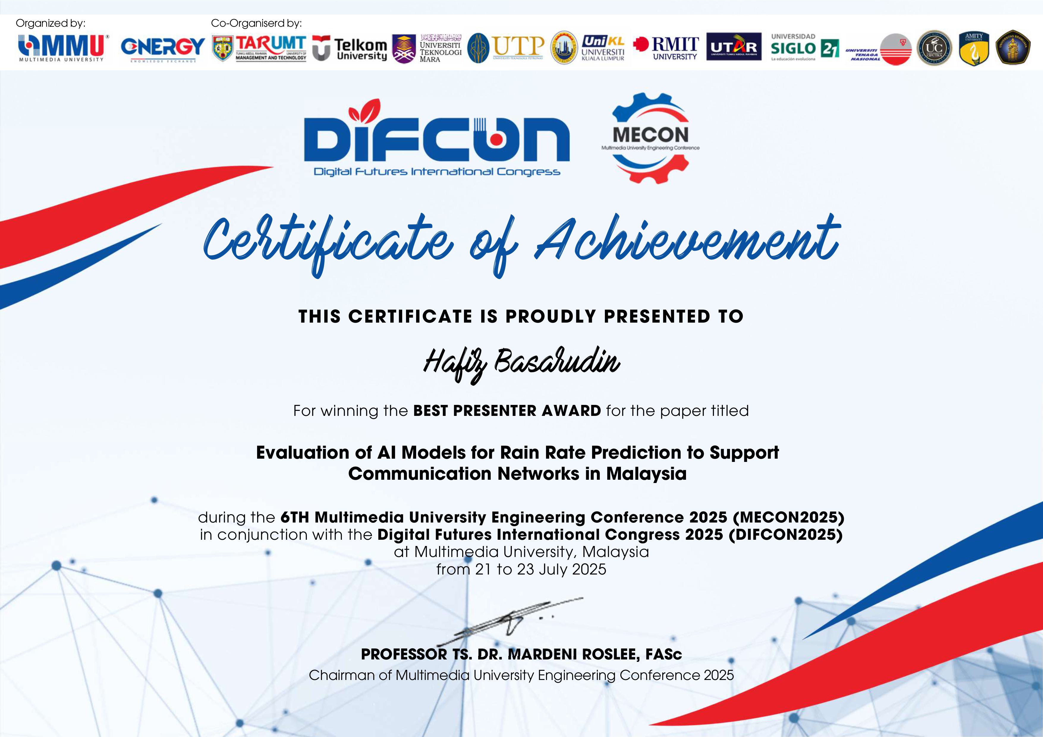 Certificate received by Dr Hafiz