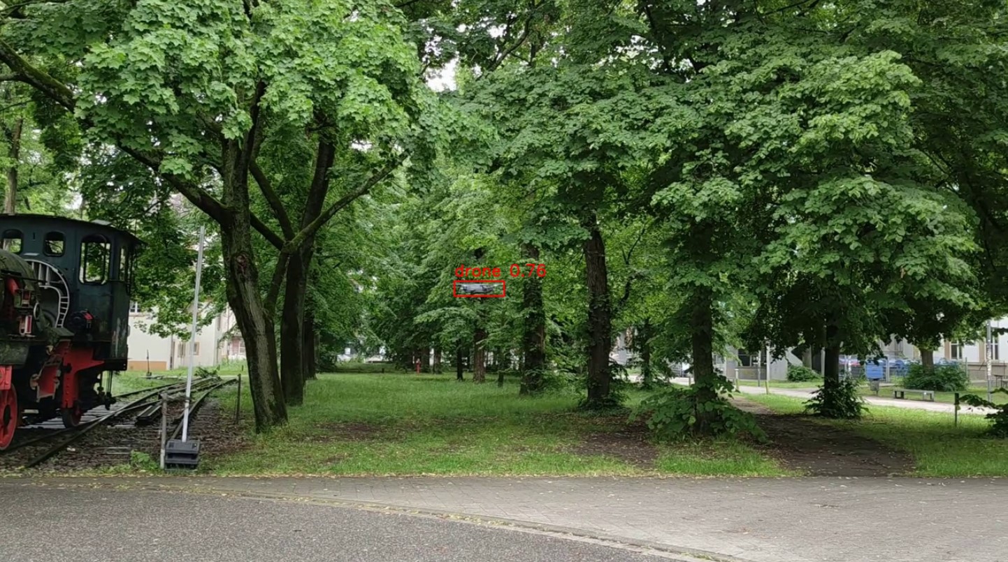 Example of drone detection in a challenging environment: The box highlights the detected object, and the score represents the confidence level of the model