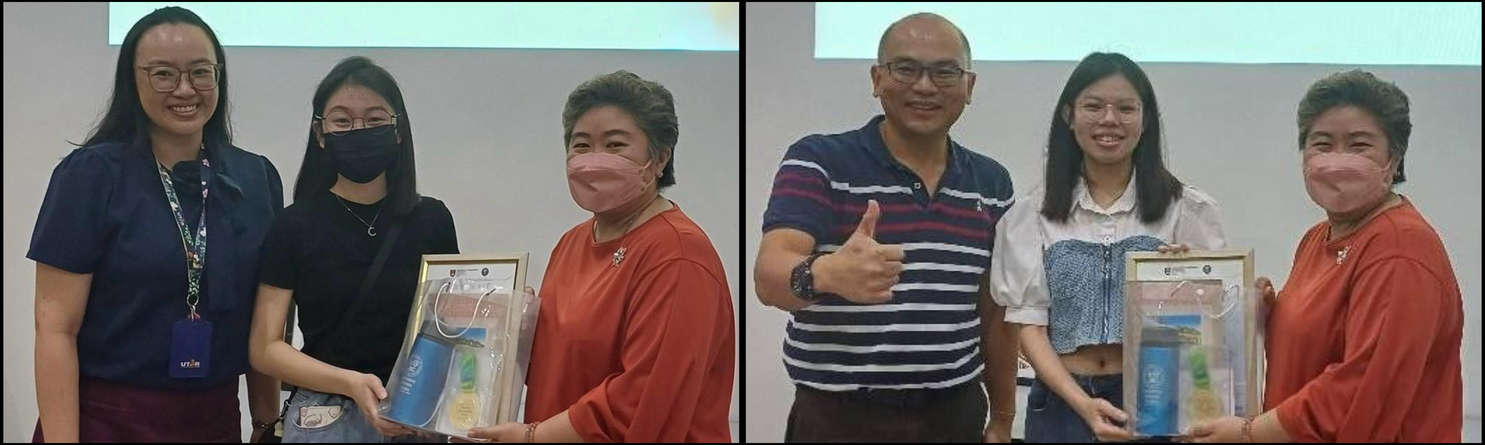 Dr Wong with Ling (left), and Dr Jeffrey Yap with Chua Kah Ling (right) accompanied by Head of Department of Surveying Dr Felicia Yong Yan Yan in both photos
