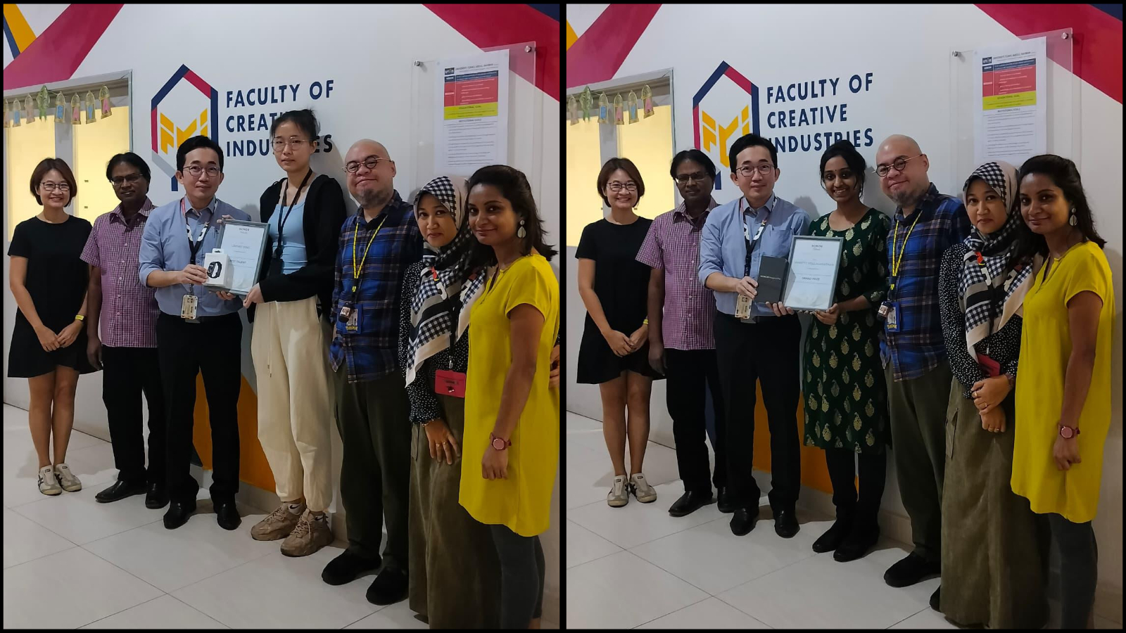 FCI Dean Assoc Prof Dr David Tneh Cheng Eng (third from left) presenting certificate to Lim (left picture) and Smartty (right picture) at UTAR Sungai Long Campus