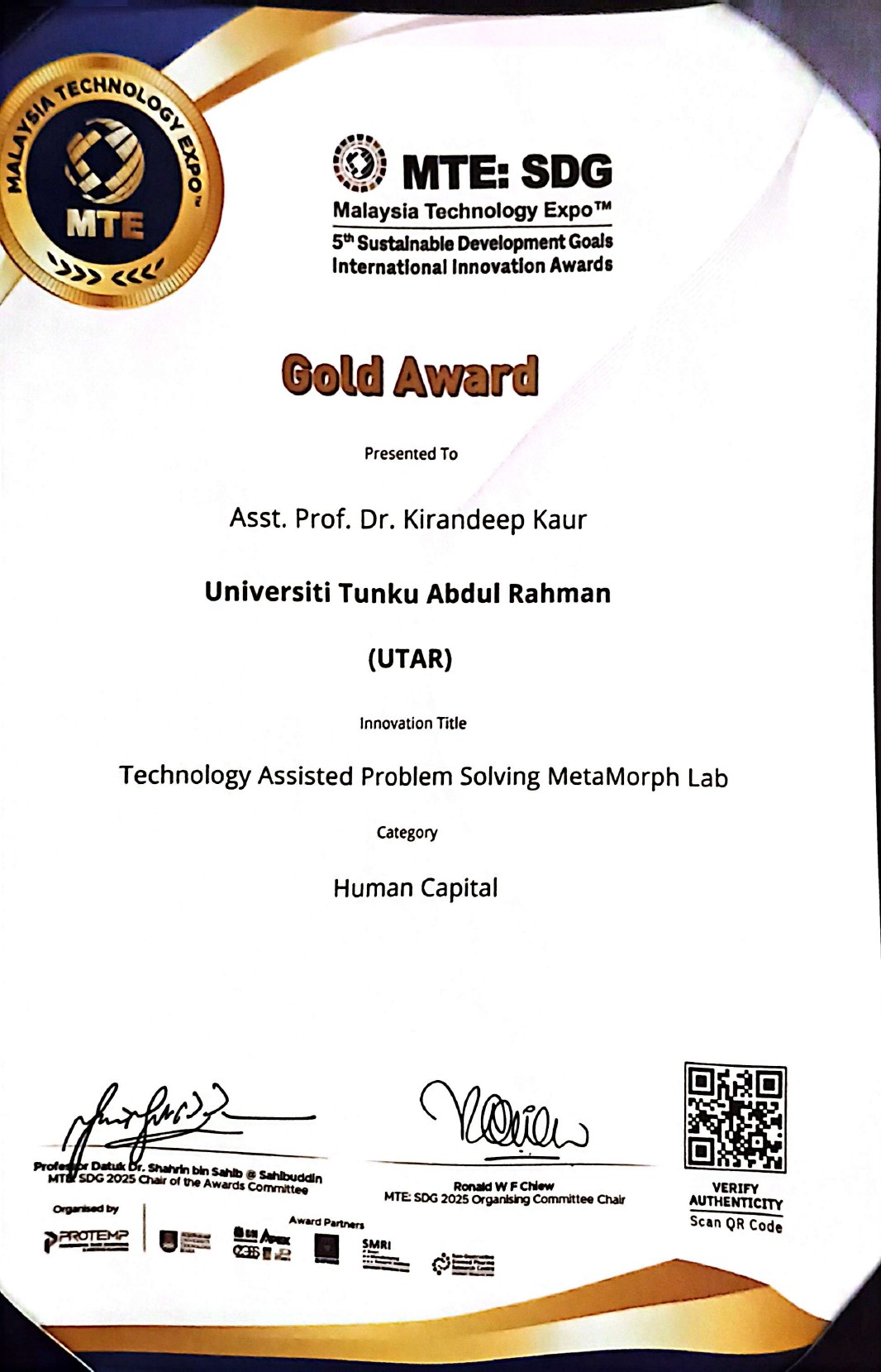 Certificate presented to the Dr Kirandeep Kaur