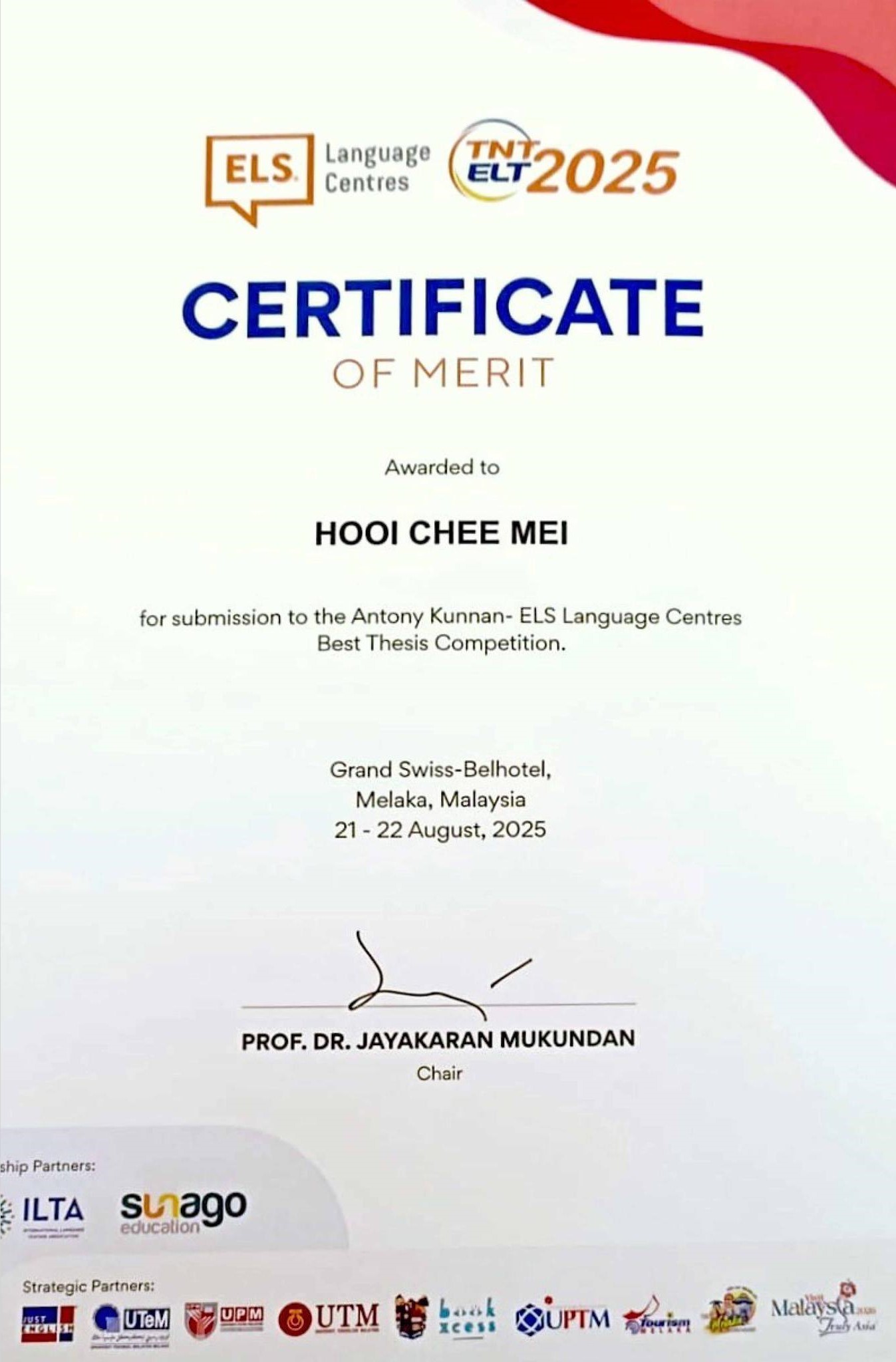 Dr Hooi’s certificate of merit