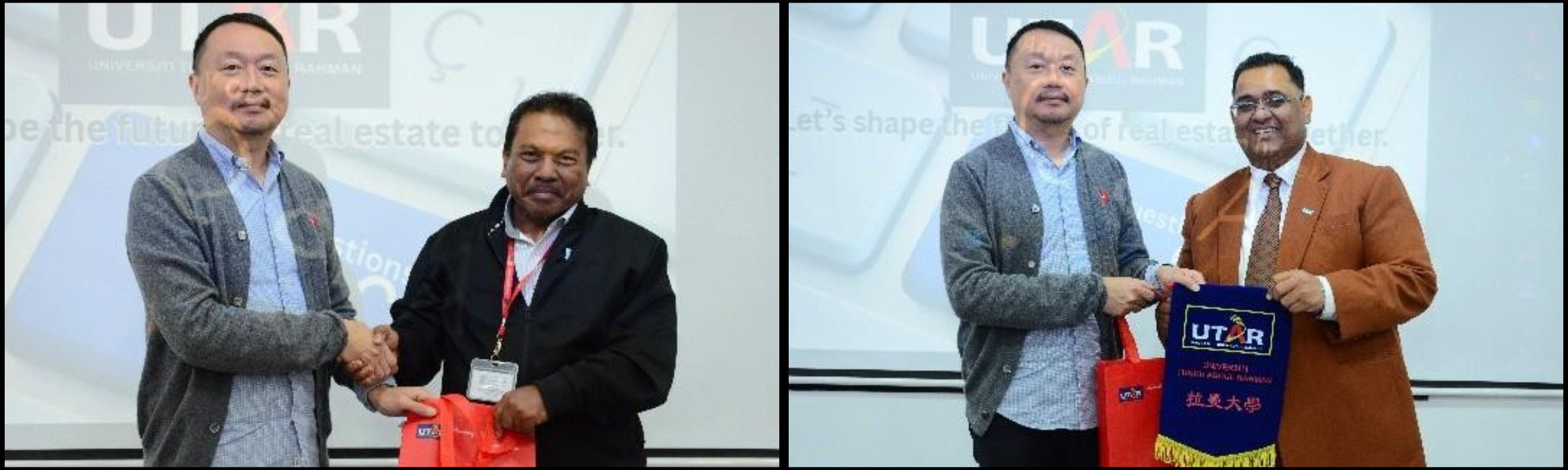 FAM Deputy Dean for Student Development and Industrial Training Mr Low Chin Kian presenting souvenir to Prof Anuar (left) and Ts Kamal (right) 