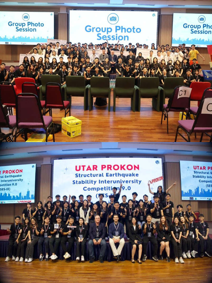 Group photos of the UTAR PROKON Structural Earthquake Stability Competition 9.0 — Intra-University (top) and Inter-University (bottom)