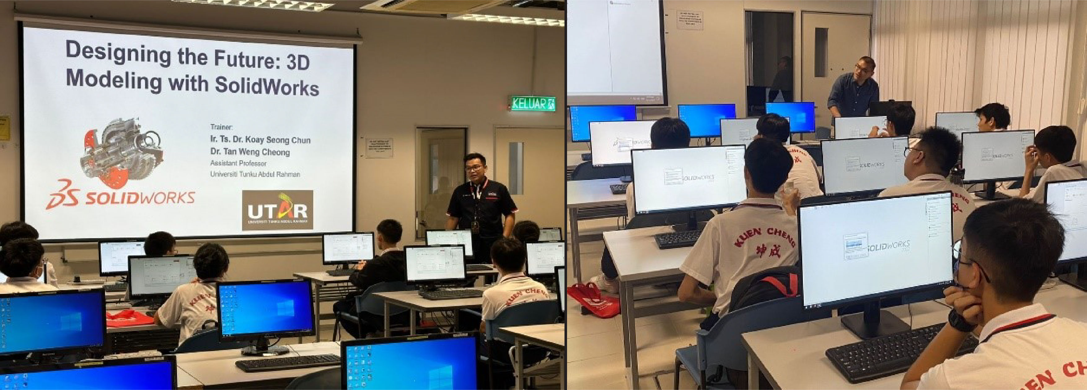 Dr Koay (left photo) and Dr Tan demonstrating SolidWorks software