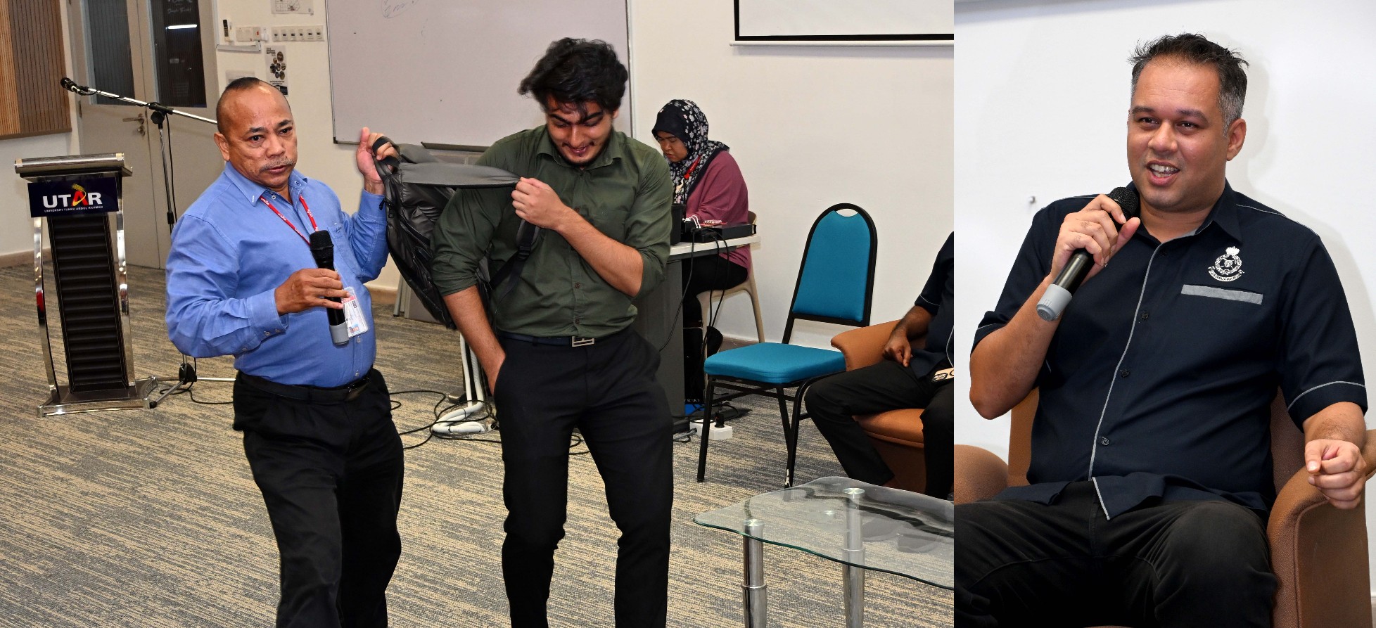 Left picture: Lt Col Zainudin demonstrating an emergency situation