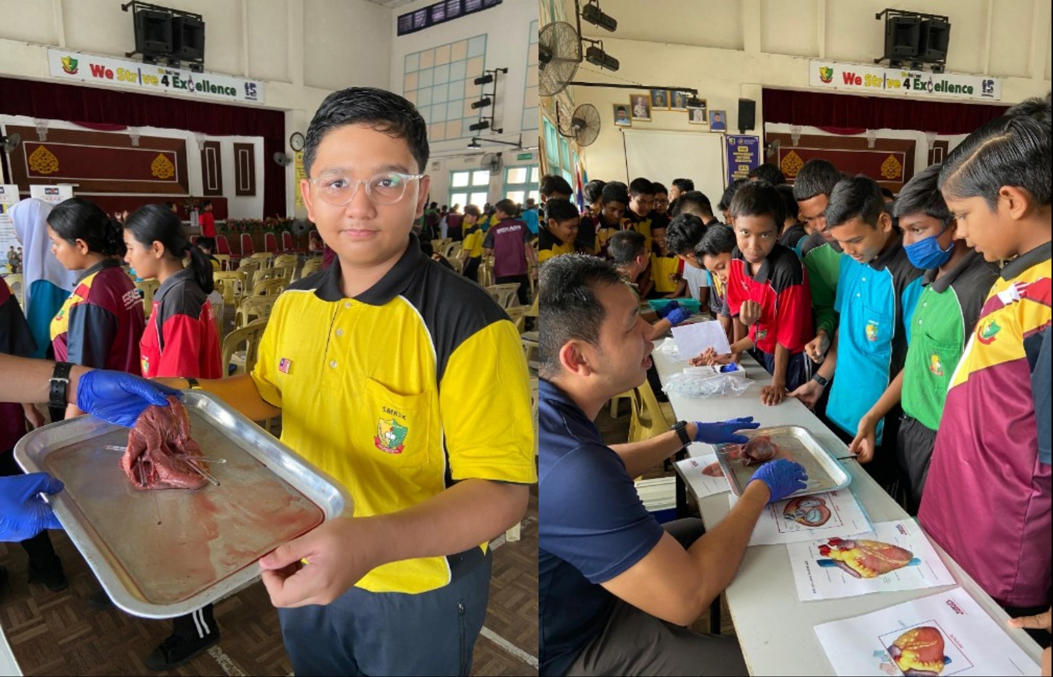 Students examining a goat heart to learn about blood flow at Mari Mengenal Jantung Mammalia session