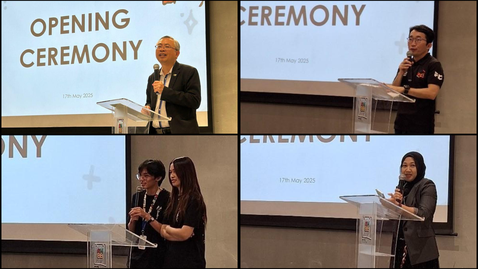  Clockwise, from top left: Prof Dato’ Ewe, Dr Tneh, Dr Sabrina, Doodletopia 2025 Project Managers, Rouqi Ng and Brandon Lim delivering their speeches