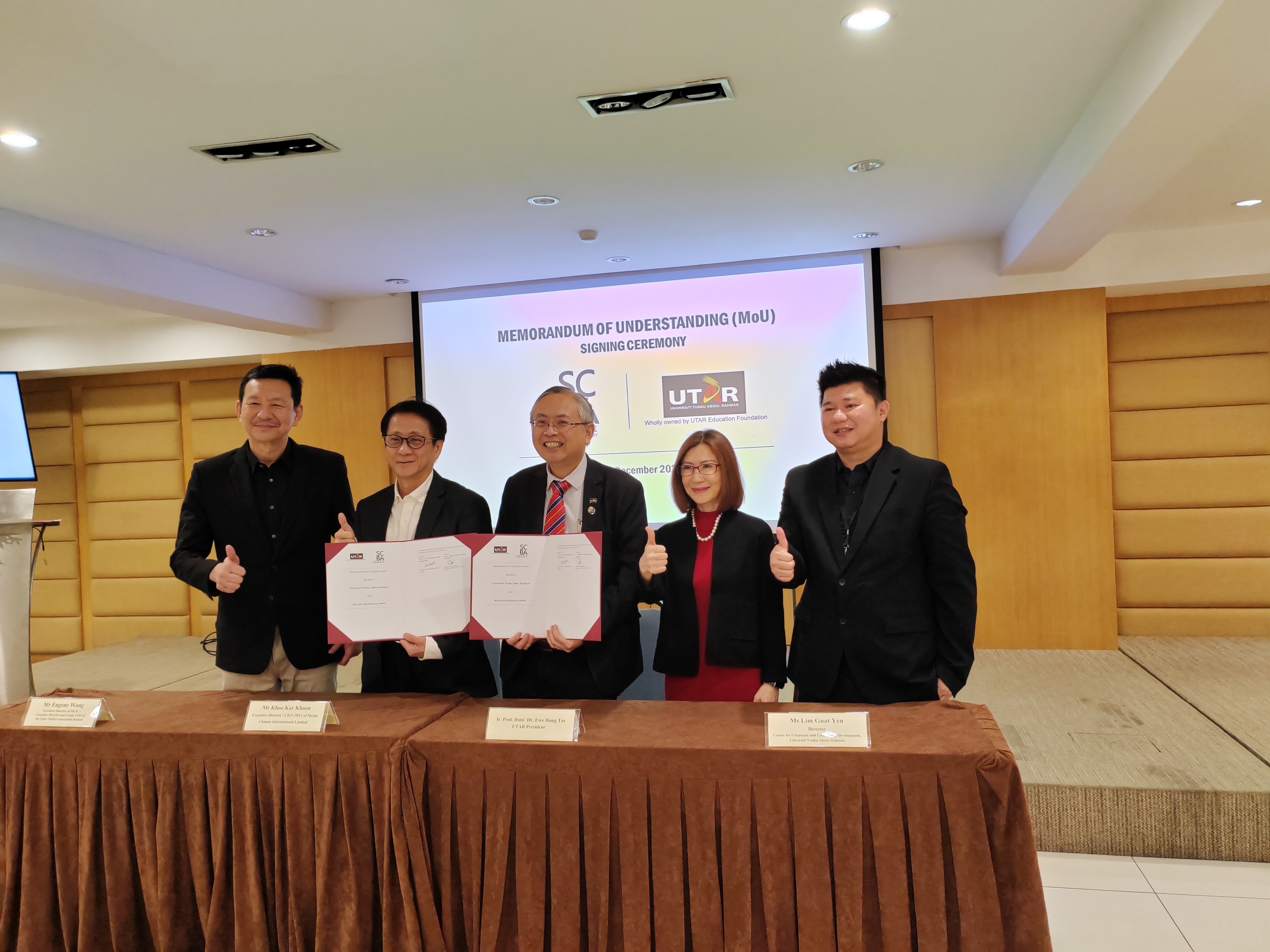 From left: Mr Eugene Wong, Mr Khoo, Prof Dato’ Ewe, Ms Lim and Mr Yeoh with the signed MoU